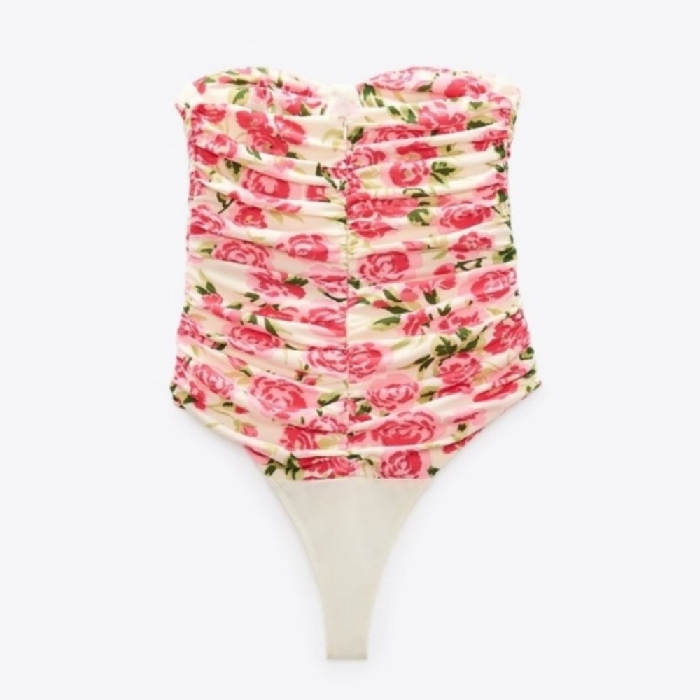 NWT Zara Draped Floral Strapless Bodysuit in Ivory & Pink sz XS